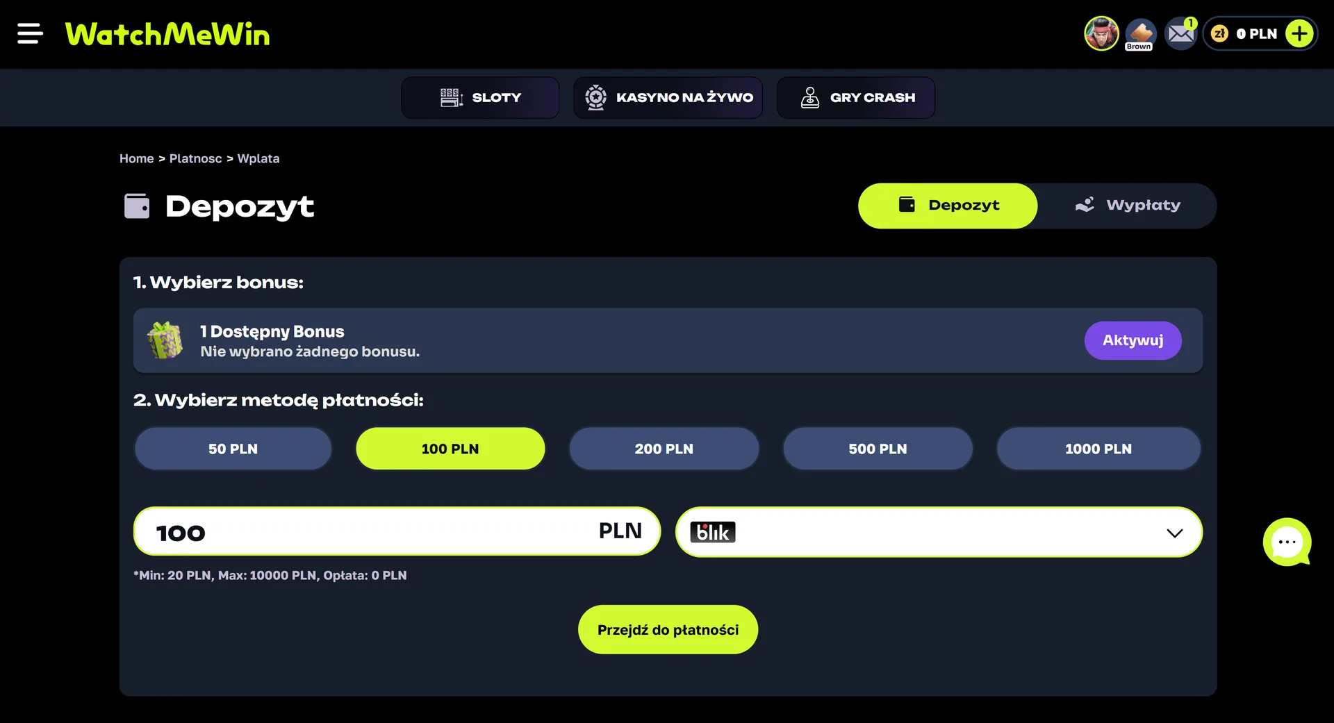 WatchMeWin kasyno depozyt wpłata BLIK płatności bonus